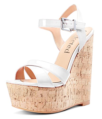 Saekcted Damen Hoher High Keilabsatz Plateau Plattform Absatz Heel Peep Open Zehenkappe Knöchelriemen Sandalen Slingback Cute Dress Schuhe 15 CM Heels Weiß 36 EU von Saekcted