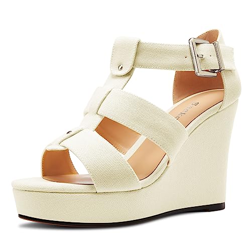 Saekcted Damen Hoher High Keilabsatz Plateau Plattform Absatz Heel Peep Open Zehenkappe Sandalen Knöchelriemen Party Denim Sommer 10 CM Heels Beige 38 EU von Saekcted