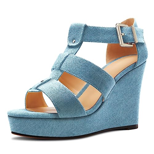 Saekcted Damen Hoher High Keilabsatz Plateau Plattform Absatz Heel Peep Open Zehenkappe Sandalen Knöchelriemen Party Denim Sommer 10 CM Heels Blau 35 EU von Saekcted