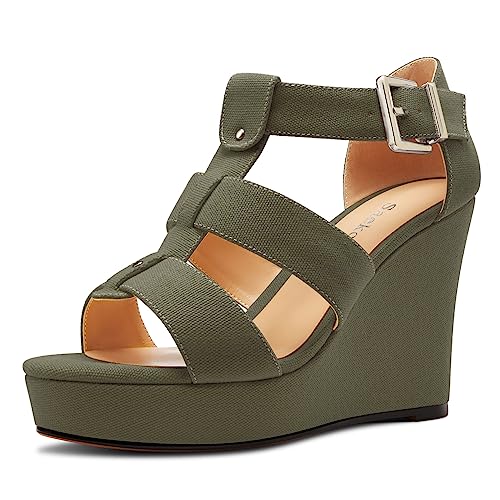 Saekcted Damen Hoher High Keilabsatz Plateau Plattform Absatz Heel Peep Open Zehenkappe Sandalen Knöchelriemen Party Denim Sommer 10 CM Heels Dunkelgrün 41 EU von Saekcted