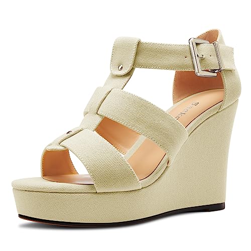 Saekcted Damen Hoher High Keilabsatz Plateau Plattform Absatz Heel Peep Open Zehenkappe Sandalen Knöchelriemen Party Denim Sommer 10 CM Heels Hautfarben 37 EU von Saekcted
