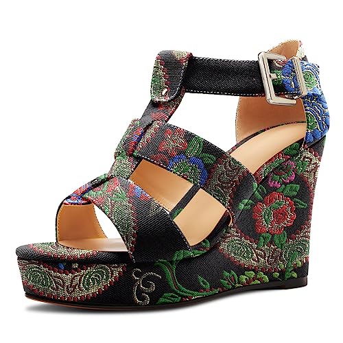 Saekcted Damen Hoher High Keilabsatz Plateau Plattform Absatz Heel Peep Open Zehenkappe Sandalen Knöchelriemen Party Denim Sommer 10 CM Heels Schwarzes Doodle 43 EU von Saekcted