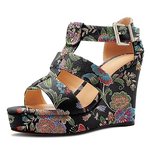 Saekcted Damen Hoher High Keilabsatz Plateau Plattform Absatz Heel Peep Open Zehenkappe Sandalen Knöchelriemen Party Denim Sommer 10 CM Heels Schwarzes Graffiti 42 EU von Saekcted