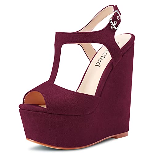 Saekcted Damen Hoher High Keilabsatz Plateau Plattform Absatz Heel Peep Open Zehenkappe Sandalen T-strap Knöchelriemen Schnalle Party Dress Cute Schuhe Burgund Rot 45 EU von Saekcted