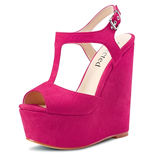 Saekcted Damen Hoher High Keilabsatz Plateau Plattform Absatz Heel Peep Open Zehenkappe Sandalen T-strap Knöchelriemen Schnalle Party Dress Cute Schuhe Magenta Rot 44 EU von Saekcted