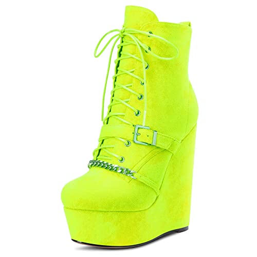 Saekcted Damen Hoher High Keilabsatz Plateau Plattform Absatz Heel Runde Zehenkappe Stiefeletten Reißverschluss Cute 15 CM Heels Grün 45 EU von Saekcted