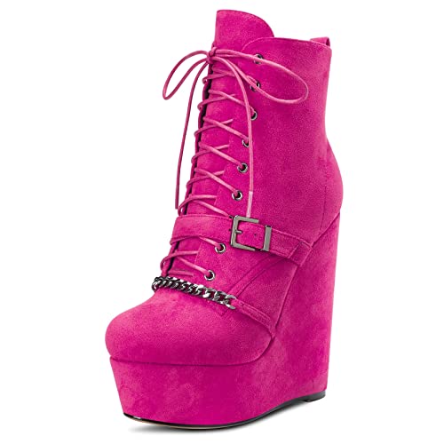 Saekcted Damen Hoher High Keilabsatz Plateau Plattform Absatz Heel Runde Zehenkappe Stiefeletten Reißverschluss Cute 15 CM Heels Magenta Rot A 40 EU von Saekcted