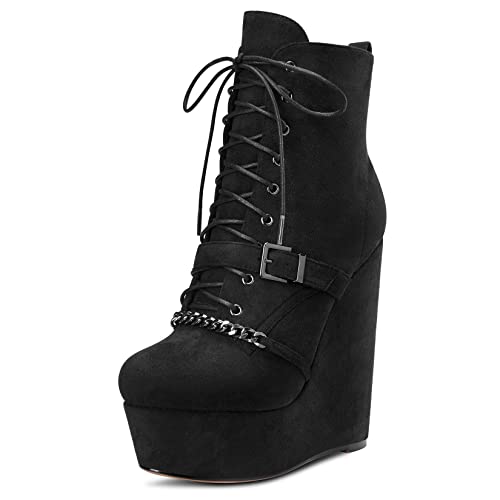 Saekcted Damen Hoher High Keilabsatz Plateau Plattform Absatz Heel Runde Zehenkappe Stiefeletten Reißverschluss Cute 15 CM Heels Schwarz 43 EU von Saekcted