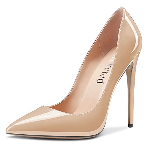 Saekcted Damen Hoher High Stiletto Absatz Heel Geschlossene Spitze Zehenkappe Pumps Slip-on Hochzeit Büroschuhe Dress 12 cm Heels Schuhe Beige Lackleder 35 EU von Saekcted