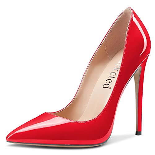 Saekcted Damen Hoher High Stiletto Absatz Heel Geschlossene Spitze Zehenkappe Pumps Slip-on Hochzeit Büroschuhe Dress 12 cm Heels Schuhe Rot Lackleder 37 EU von Saekcted