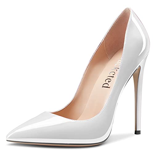 Saekcted Damen Hoher High Stiletto Absatz Heel Geschlossene Spitze Zehenkappe Pumps Slip-on Hochzeit Büroschuhe Dress 12 cm Heels Schuhe Weiß Lackleder 41 EU von Saekcted