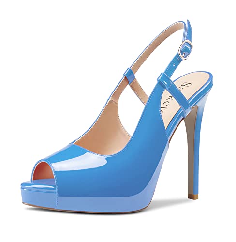 Saekcted Damen Hoher High Stiletto Plateau Plattform Absatz Heel Peep Open Zehenkappe Slingback Sandalen Hochzeit Dress Knöchelriemen Pumps 12 CM Heels Blau 41 EU von Saekcted