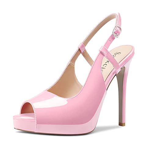 Saekcted Damen Hoher High Stiletto Plateau Plattform Absatz Heel Peep Open Zehenkappe Slingback Sandalen Hochzeit Dress Knöchelriemen Pumps 12 CM Heels Rosa 45 EU von Saekcted