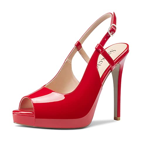 Saekcted Damen Hoher High Stiletto Plateau Plattform Absatz Heel Peep Open Zehenkappe Slingback Sandalen Hochzeit Dress Knöchelriemen Pumps 12 CM Heels Rot 41 EU von Saekcted