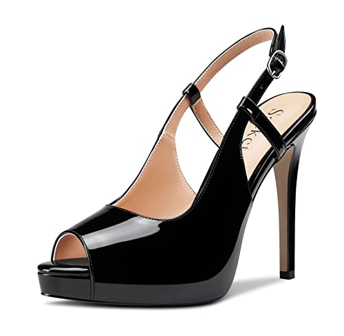 Saekcted Damen Hoher High Stiletto Plateau Plattform Absatz Heel Peep Open Zehenkappe Slingback Sandalen Hochzeit Dress Knöchelriemen Pumps 12 CM Heels Schwarz 38 EU von Saekcted