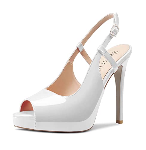 Saekcted Damen Hoher High Stiletto Plateau Plattform Absatz Heel Peep Open Zehenkappe Slingback Sandalen Hochzeit Dress Knöchelriemen Pumps 12 CM Heels Weiß 37 EU von Saekcted