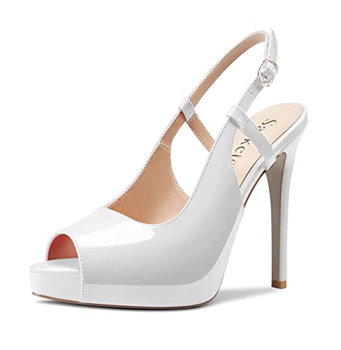 Saekcted Damen Hoher High Stiletto Plateau Plattform Absatz Heel Peep Open Zehenkappe Slingback Sandalen Hochzeit Dress Knöchelriemen Pumps 12 CM Heels Weiß 45 EU von Saekcted