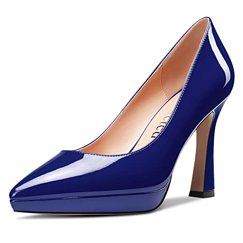 Saekcted Damen Hoher High Stiletto Plateau Plattform Absatz Heel Spitze Zehenkappe Pumps Slip-on Hochzeit Büroschuhe 10 cm Heels Schuhe Blau C 36 EU von Saekcted