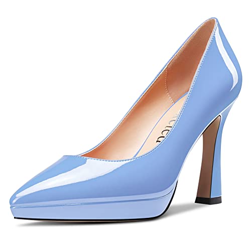 Saekcted Damen Hoher High Stiletto Plateau Plattform Absatz Heel Spitze Zehenkappe Pumps Slip-on Hochzeit Büroschuhe 10 cm Heels Schuhe Blau D 37 EU von Saekcted