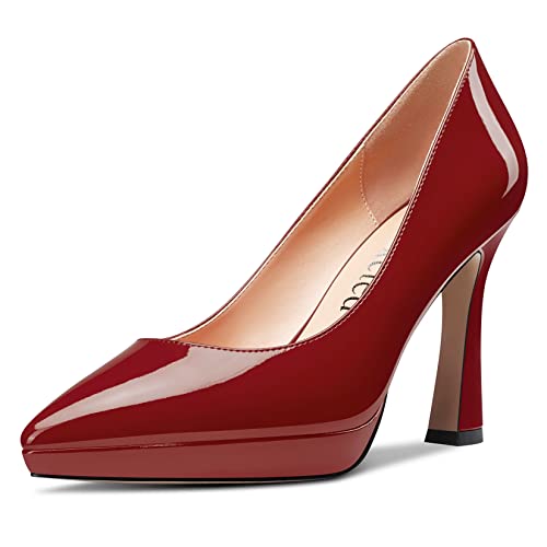 Saekcted Damen Hoher High Stiletto Plateau Plattform Absatz Heel Spitze Zehenkappe Pumps Slip-on Hochzeit Büroschuhe 10 cm Heels Schuhe Burgund Rot 36 EU von Saekcted