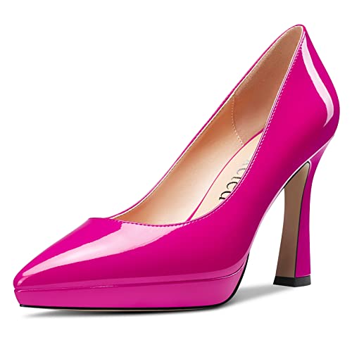 Saekcted Damen Hoher High Stiletto Plateau Plattform Absatz Heel Spitze Zehenkappe Pumps Slip-on Hochzeit Büroschuhe 10 cm Heels Schuhe Magenta Rot 43 EU von Saekcted