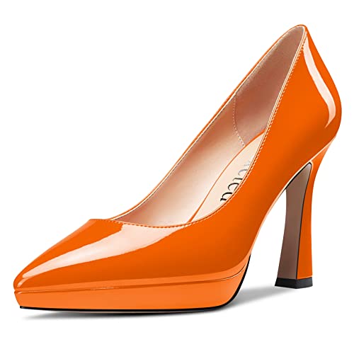 Saekcted Damen Hoher High Stiletto Plateau Plattform Absatz Heel Spitze Zehenkappe Pumps Slip-on Hochzeit Büroschuhe 10 cm Heels Schuhe Orange 36 EU von Saekcted