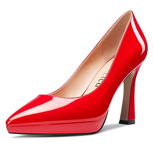 Saekcted Damen Hoher High Stiletto Plateau Plattform Absatz Heel Spitze Zehenkappe Pumps Slip-on Hochzeit Büroschuhe 10 cm Heels Schuhe Rot 38 EU von Saekcted