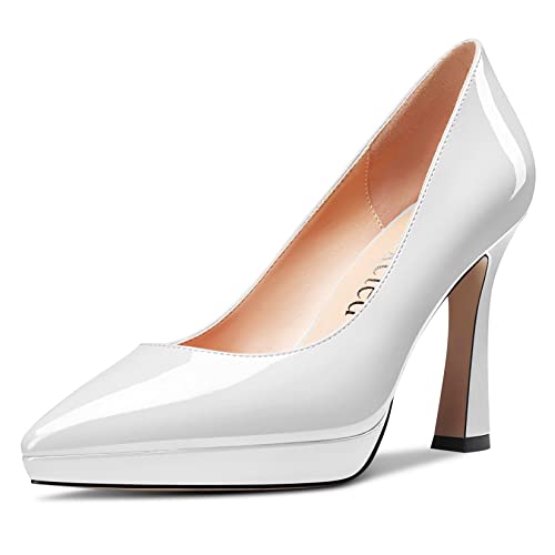 Saekcted Damen Hoher High Stiletto Plateau Plattform Absatz Heel Spitze Zehenkappe Pumps Slip-on Hochzeit Büroschuhe 10 cm Heels Schuhe Weiß 35 EU von Saekcted