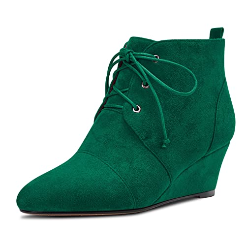 Saekcted Damen Keilabsatz Mittlerem Absatz Heel Stiefeletten Schnüren Schnürung Geschlossene Runde Zehenkappe Slip-on 5 CM Heels Schuhe Grün Wildleder C 39 EU von Saekcted