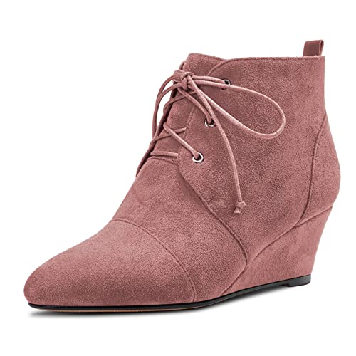 Saekcted Damen Keilabsatz Mittlerem Absatz Heel Stiefeletten Schnüren Schnürung Geschlossene Runde Zehenkappe Slip-on 5 CM Heels Schuhe Rosa Wildleder 38 EU von Saekcted