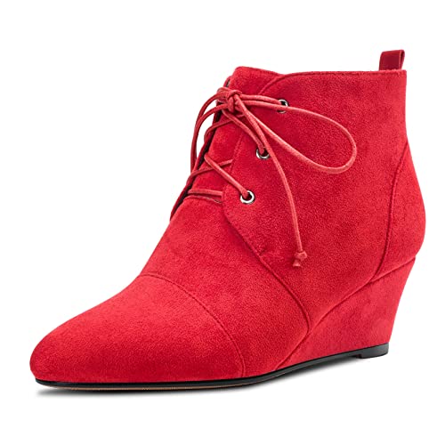 Saekcted Damen Keilabsatz Mittlerem Absatz Heel Stiefeletten Schnüren Schnürung Geschlossene Runde Zehenkappe Slip-on 5 CM Heels Schuhe Rot Wildleder 41 EU von Saekcted