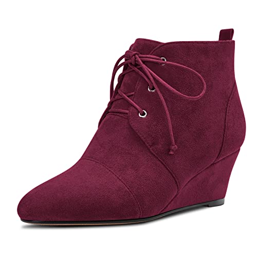 Saekcted Damen Keilabsatz Mittlerem Absatz Heel Stiefeletten Schnüren Schnürung Geschlossene Runde Zehenkappe Slip-on 5 CM Heels Schuhe Rot Wildleder A 38 EU von Saekcted