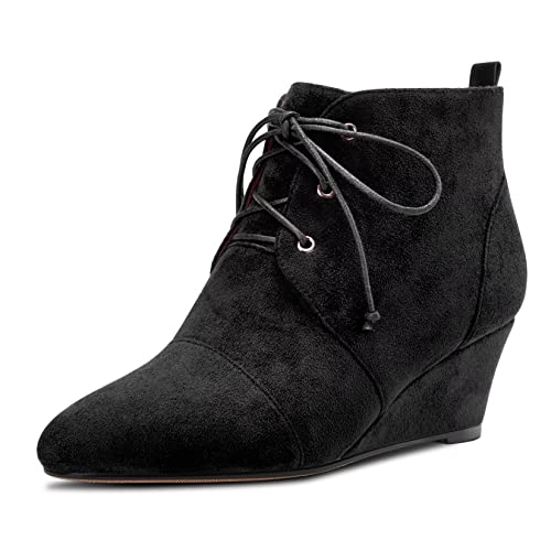 Saekcted Damen Keilabsatz Mittlerem Absatz Heel Stiefeletten Schnüren Schnürung Geschlossene Runde Zehenkappe Slip-on 5 CM Heels Schuhe Schwarz Wildleder 44 EU von Saekcted