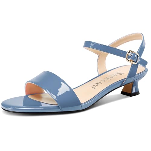 Saekcted Damen Kitten Niedrige Absatz Heel Open Zehenkappe Knöchelriemen Sandalen Slingback Schnalle Dress Schuhe Lässig Party Sommer 3 CM Heels Blau 38 EU von Saekcted