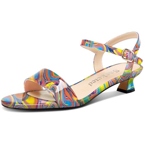 Saekcted Damen Kitten Niedrige Absatz Heel Open Zehenkappe Knöchelriemen Sandalen Slingback Schnalle Dress Schuhe Lässig Party Sommer 3 CM Heels Buntes Graffiti 45 EU von Saekcted