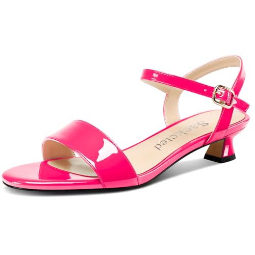 Saekcted Damen Kitten Niedrige Absatz Heel Open Zehenkappe Knöchelriemen Sandalen Slingback Schnalle Dress Schuhe Lässig Party Sommer 3 CM Heels Magenta 38 EU von Saekcted