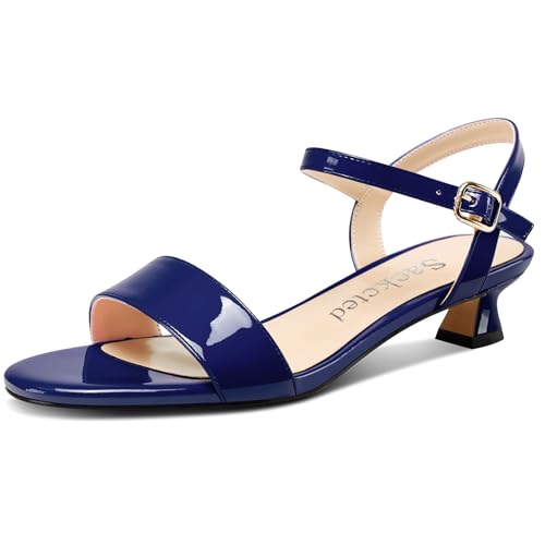 Saekcted Damen Kitten Niedrige Absatz Heel Open Zehenkappe Knöchelriemen Sandalen Slingback Schnalle Dress Schuhe Lässig Party Sommer 3 CM Heels Marineblau 38 EU von Saekcted