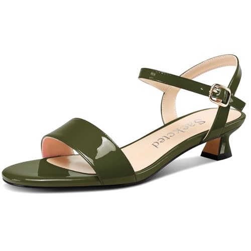 Saekcted Damen Kitten Niedrige Absatz Heel Open Zehenkappe Knöchelriemen Sandalen Slingback Schnalle Dress Schuhe Lässig Party Sommer 3 CM Heels Olivgrün 41 EU von Saekcted