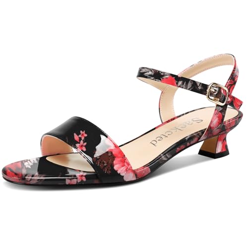 Saekcted Damen Kitten Niedrige Absatz Heel Open Zehenkappe Knöchelriemen Sandalen Slingback Schnalle Dress Schuhe Lässig Party Sommer 3 CM Heels Rote Blume 43 EU von Saekcted