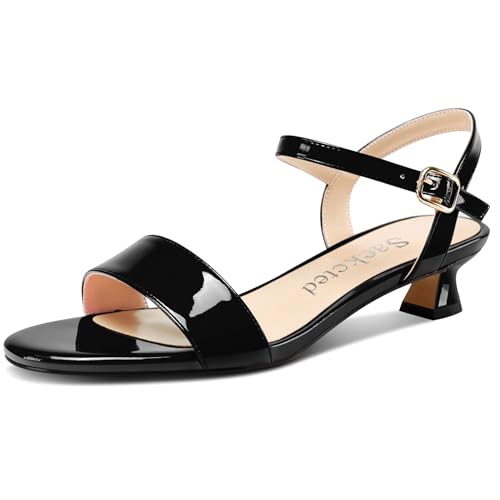 Saekcted Damen Kitten Niedrige Absatz Heel Open Zehenkappe Knöchelriemen Sandalen Slingback Schnalle Dress Schuhe Lässig Party Sommer 3 CM Heels Schwarz 43 EU von Saekcted