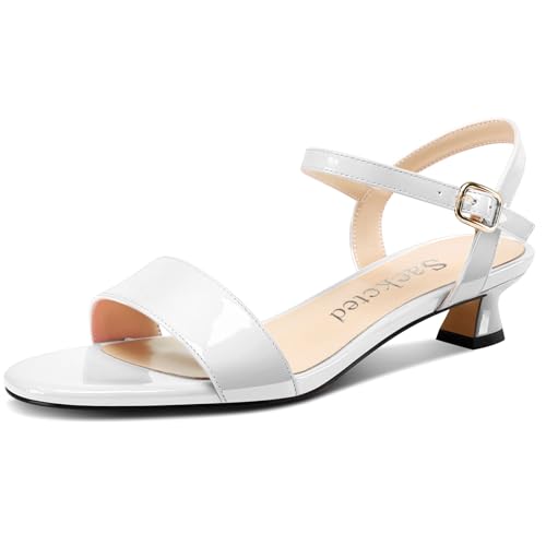 Saekcted Damen Kitten Niedrige Absatz Heel Open Zehenkappe Knöchelriemen Sandalen Slingback Schnalle Dress Schuhe Lässig Party Sommer 3 CM Heels Weiß 40 EU von Saekcted