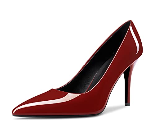 Saekcted Damen Mädchen Hoher High Stiletto Absatz Heel Geschlossene Spitze Zehenkappe Slip-on Pumps Hochzeit Büroschuhe Party Dress Schuhe Burgund Rot 39 EU von Saekcted