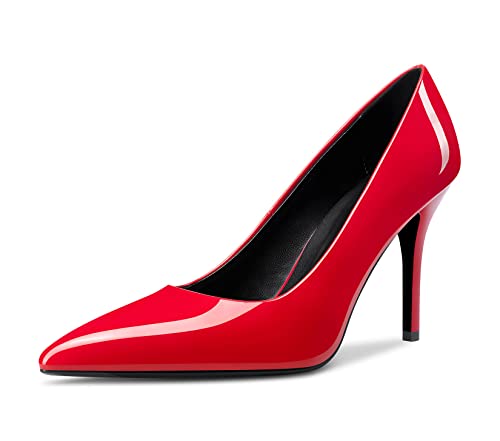 Saekcted Damen Mädchen Hoher High Stiletto Absatz Heel Geschlossene Spitze Zehenkappe Slip-on Pumps Hochzeit Büroschuhe Party Dress Schuhe Rot 38 EU von Saekcted