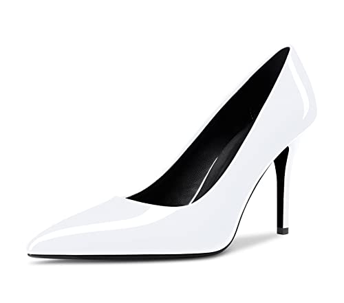 Saekcted Damen Mädchen Hoher High Stiletto Absatz Heel Geschlossene Spitze Zehenkappe Slip-on Pumps Hochzeit Büroschuhe Party Dress Schuhe Weiß 39 EU von Saekcted