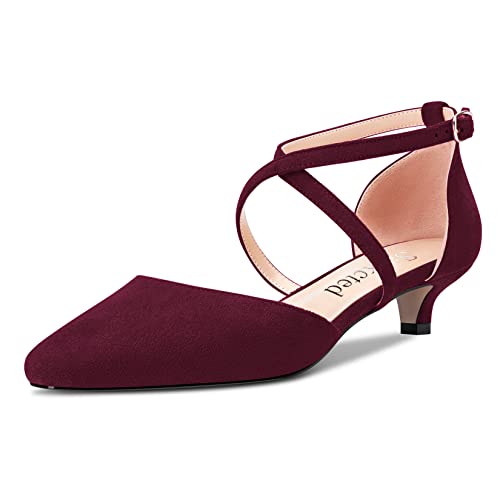 Saekcted Damen Mädchen Niedrige Kitten Absatz Heel Geschlossene Eckige Zehenkappe Kreuzriemen Pumps Klassisch Cute Dress 3.5 cm Heels Burgund Rot 40 EU von Saekcted