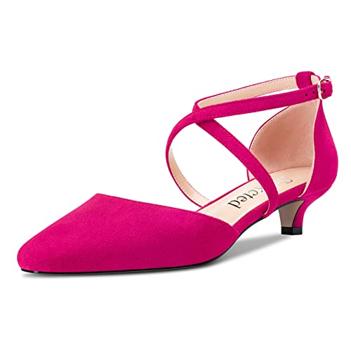 Saekcted Damen Mädchen Niedrige Kitten Absatz Heel Geschlossene Eckige Zehenkappe Kreuzriemen Pumps Klassisch Cute Dress 3.5 cm Heels Magenta Rot 37 EU von Saekcted