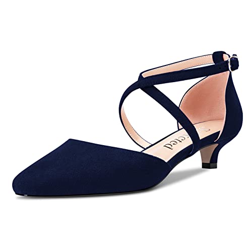 Saekcted Damen Mädchen Niedrige Kitten Absatz Heel Geschlossene Eckige Zehenkappe Kreuzriemen Pumps Klassisch Cute Dress 3.5 cm Heels Navy Blau 36 EU von Saekcted