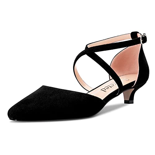 Saekcted Damen Mädchen Niedrige Kitten Absatz Heel Geschlossene Eckige Zehenkappe Kreuzriemen Pumps Klassisch Cute Dress 3.5 cm Heels Schwarz Wildleder 40 EU von Saekcted