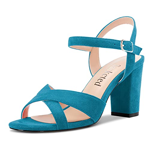 Saekcted Damen Mittlerem Absatz Heel Chunky Blockabsatz Peep Open Zehenkappe Slingback Sandalen Knöchelriemen Schnalle Dress 8 CM Heels Blau 41 EU von Saekcted