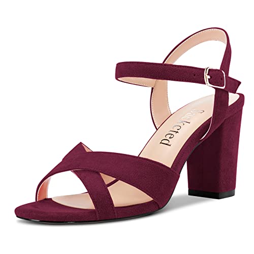 Saekcted Damen Mittlerem Absatz Heel Chunky Blockabsatz Peep Open Zehenkappe Slingback Sandalen Knöchelriemen Schnalle Dress 8 CM Heels Burgund Rot 41 EU von Saekcted